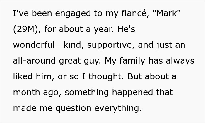 Text about a woman's engagement and doubts about her fiancé, questioning family perception. Text about a woman's engagement and doubts about her fiancé, questioning family perception.
