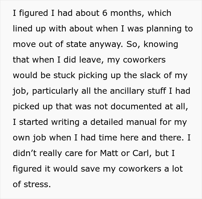 Text detailing an employee's plan to leave, creating a manual to aid coworkers with company structure and staff issues. Text detailing an employee's plan to leave, creating a manual to aid coworkers with company structure and staff issues.