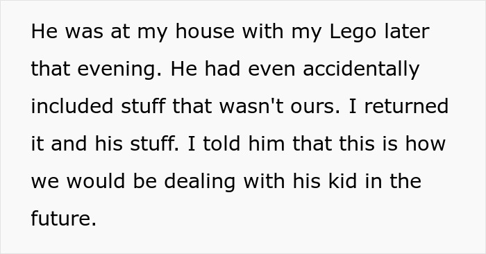 Text discussing a visit involving Lego, handling accidental inclusions, and setting future expectations with a brother's kid. Text discussing a visit involving Lego, handling accidental inclusions, and setting future expectations with a brother's kid.
