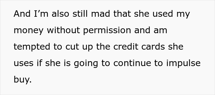 Text expressing frustration over a wife's spending habits and unauthorized use of money, mentioning impulse buying. Text expressing frustration over a wife's spending habits and unauthorized use of money, mentioning impulse buying.