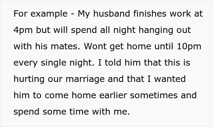 Text about marital issues due to job and husband's late nights with friends. Text about marital issues due to job and husband's late nights with friends.