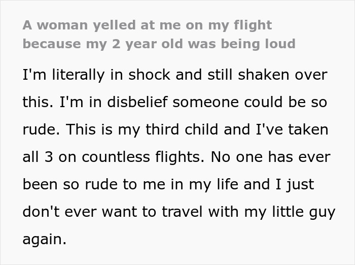 Text describing an incident on a flight involving an angry passenger and a loud toddler. Text describing an incident on a flight involving an angry passenger and a loud toddler.