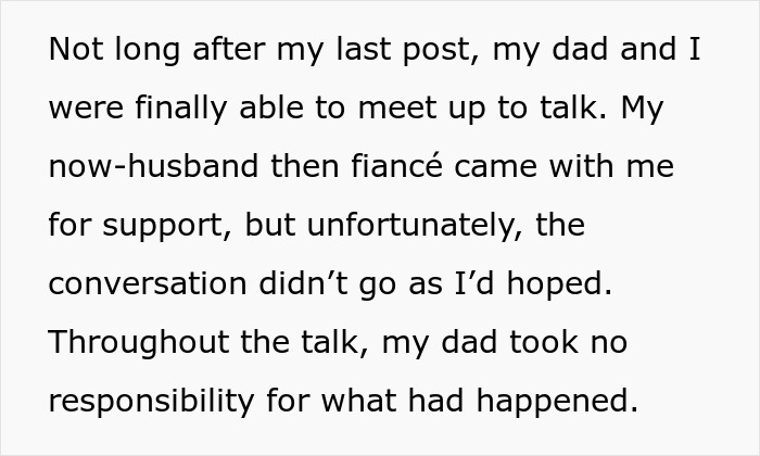 Text describing a daughter's conversation with her dad about skipping her wedding over her stepmom's requests. Text describing a daughter's conversation with her dad about skipping her wedding over her stepmom's requests.