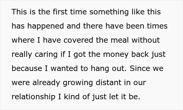 Text about a woman not paying for a meal taken home, reflecting on past experiences of covering meals in friendships. Text about a woman not paying for a meal taken home, reflecting on past experiences of covering meals in friendships.