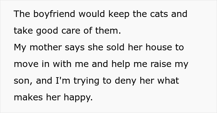 Text image discussing son's cat allergy conflicting with mom's happiness from having cats. Text image discussing son's cat allergy conflicting with mom's happiness from having cats.