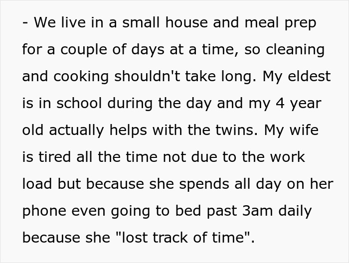 Text about a dad managing a household with newborn twins and addressing his wife's habits. Text about a dad managing a household with newborn twins and addressing his wife's habits.