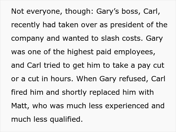 Entitled boss fires a top employee to cut costs, replacing him with a less qualified staff member, worsening company structure. Entitled boss fires a top employee to cut costs, replacing him with a less qualified staff member, worsening company structure.