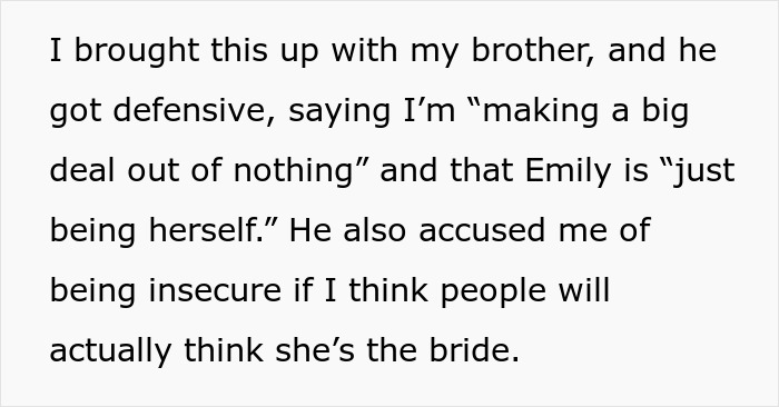 Text exchange about wedding attire disagreement involving brother's fiancée wearing white. Text exchange about wedding attire disagreement involving brother's fiancée wearing white.