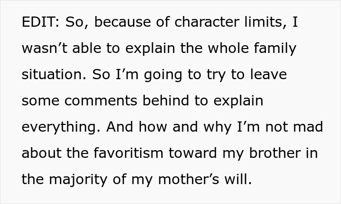 Text about family situation and favoritism in a mother's will towards brother, woman reflecting on inheritance. Text about family situation and favoritism in a mother's will towards brother, woman reflecting on inheritance.
