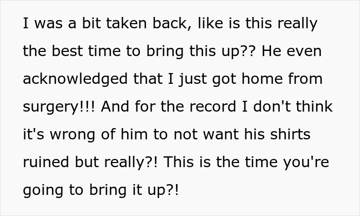 Text screenshot expressing frustration about discussing laundry after surgery. Text screenshot expressing frustration about discussing laundry after surgery.