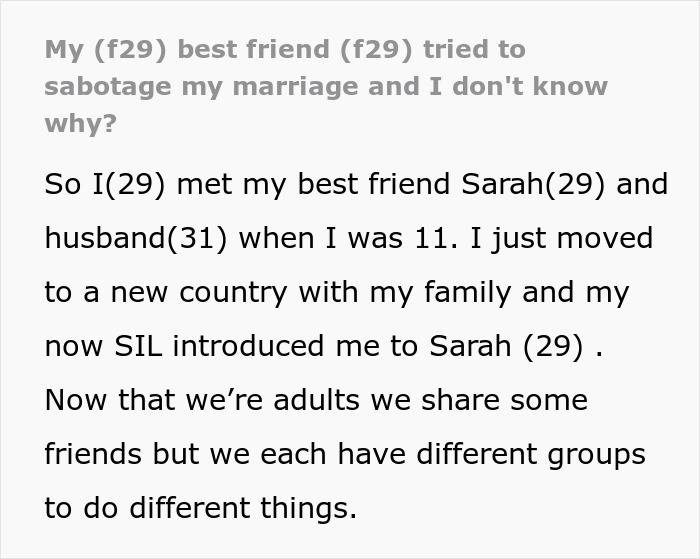 Text discussing a woman trying to sabotage her friend's marriage with a lie. Text discussing a woman trying to sabotage her friend's marriage with a lie.