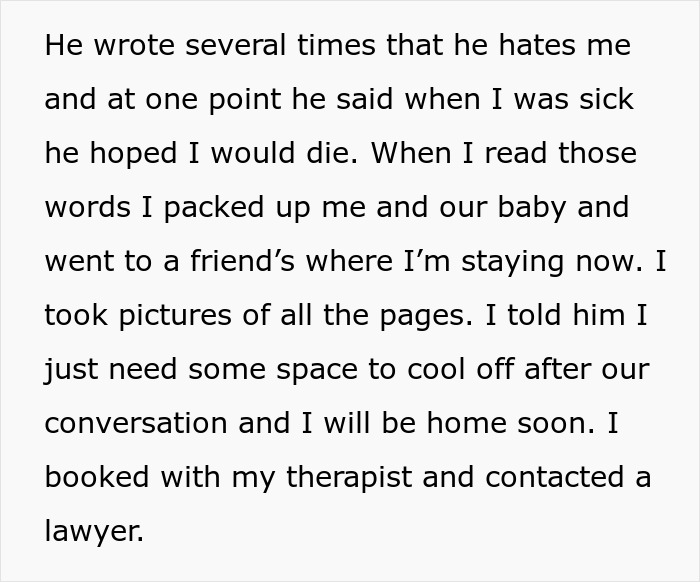Journal excerpt reveals husband's dark intentions, prompting wife to leave with baby for safety. Journal excerpt reveals husband's dark intentions, prompting wife to leave with baby for safety.