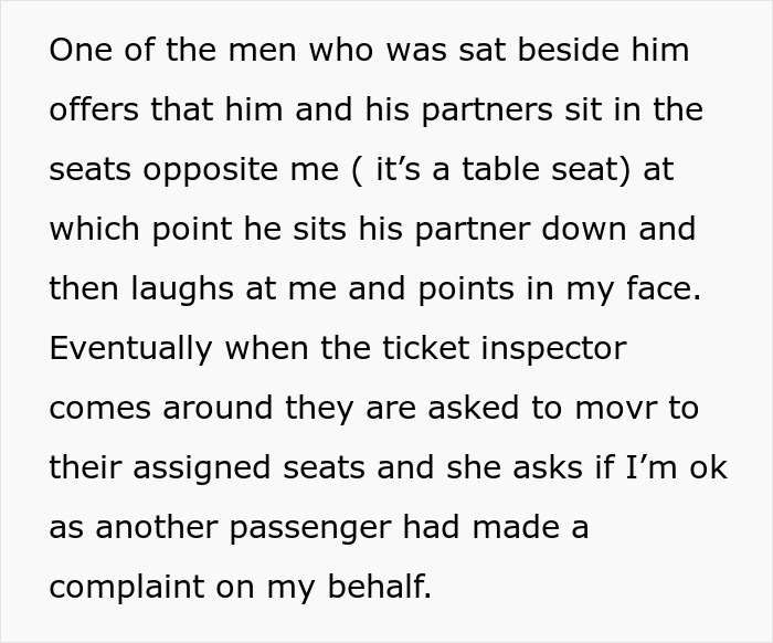 Text describing a train seating conflict involving a man, his partner, and a ticket inspector. Text describing a train seating conflict involving a man, his partner, and a ticket inspector.