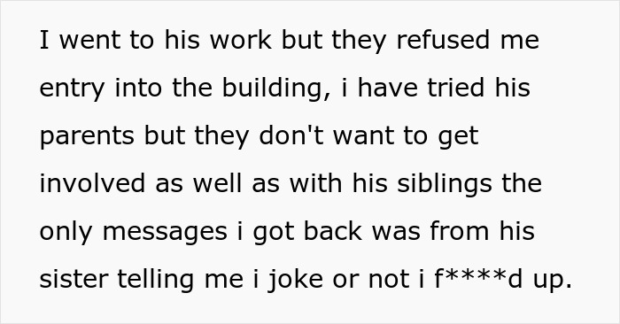 Text screenshot discussing consequences of a "joke" that backfired, mentioning refusal of entry and family involvement. Text screenshot discussing consequences of a "joke" that backfired, mentioning refusal of entry and family involvement.