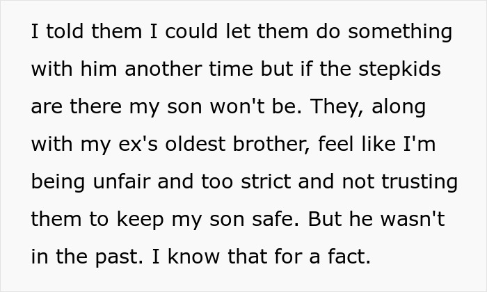 Text expressing a mom's concerns about fairness and strictness related to her son and stepsiblings. Text expressing a mom's concerns about fairness and strictness related to her son and stepsiblings.