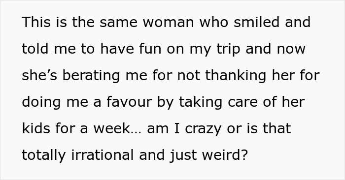 Text highlights a woman's complaint about not being thanked for babysitting kids during a sibling's birthday trip. Text highlights a woman's complaint about not being thanked for babysitting kids during a sibling's birthday trip.
