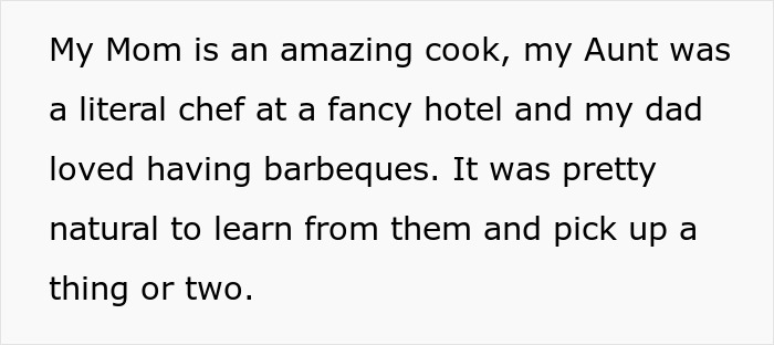 Text from a husband's response about his family being great cooks, related to "unhelpful" claims. Text from a husband's response about his family being great cooks, related to "unhelpful" claims.