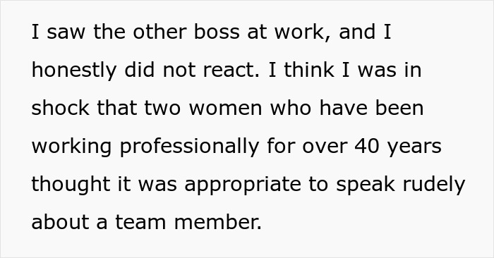 Text discussing managers' rude comments about a team member in a group chat. Text discussing managers' rude comments about a team member in a group chat.