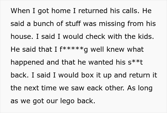 Text screenshot about a conversation with brother regarding missing items and the return of a Lego set. Text screenshot about a conversation with brother regarding missing items and the return of a Lego set.