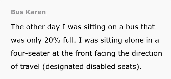 Bus text describing a situation where a woman is asked to move despite free seats available. Bus text describing a situation where a woman is asked to move despite free seats available.