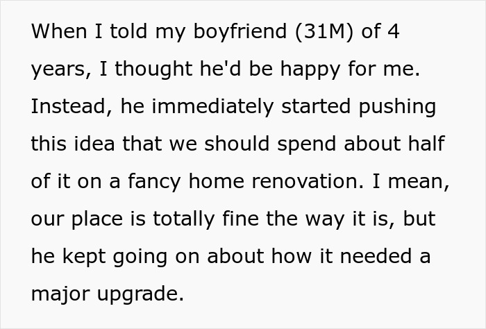 Text message revealing boyfriend's true colors after woman's sudden inheritance, prioritizing home renovation. Text message revealing boyfriend's true colors after woman's sudden inheritance, prioritizing home renovation.