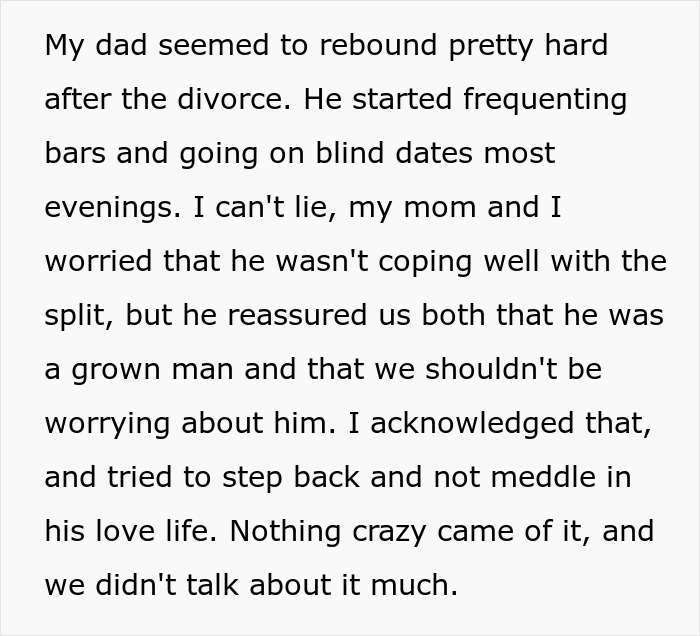 Text discussing concerns about dad dating a younger girlfriend after divorce. Text discussing concerns about dad dating a younger girlfriend after divorce.