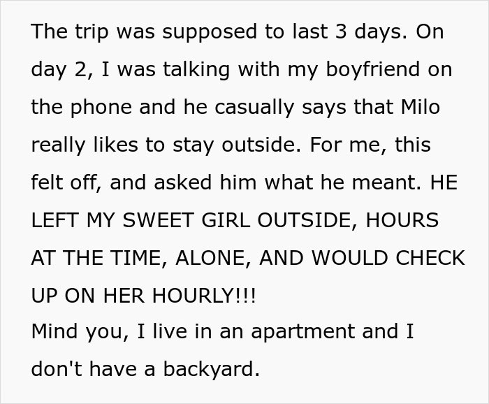 Text screenshot about a woman's dog getting lost, with boyfriend's careless excuse. Text screenshot about a woman's dog getting lost, with boyfriend's careless excuse.