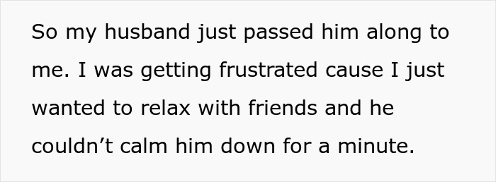 Text about wife refusing to coddle husband who struggles with infant care, expressing frustration. Text about wife refusing to coddle husband who struggles with infant care, expressing frustration.