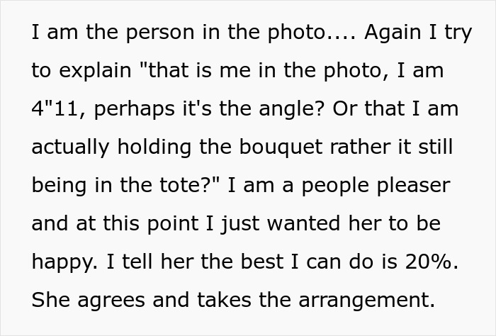 Text screenshot discussing a woman's request and discount negotiation with a business. Text screenshot discussing a woman's request and discount negotiation with a business.