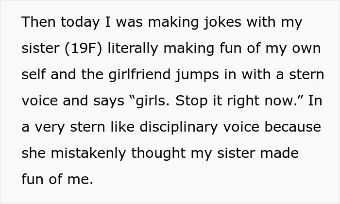 Text recounting a 23-year-old woman’s conflict with dad’s 25-year-old girlfriend over a misunderstanding during a joke. Text recounting a 23-year-old woman’s conflict with dad’s 25-year-old girlfriend over a misunderstanding during a joke.