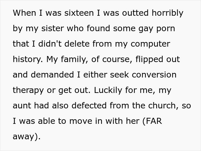 Text about a teen outed by a sibling, facing family rejection, and moving in with an aunt who left the church. Text about a teen outed by a sibling, facing family rejection, and moving in with an aunt who left the church.