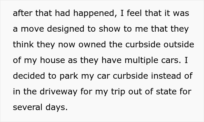 Text describing a parking dispute with a neighbor who ignores parking boundaries. Text describing a parking dispute with a neighbor who ignores parking boundaries.