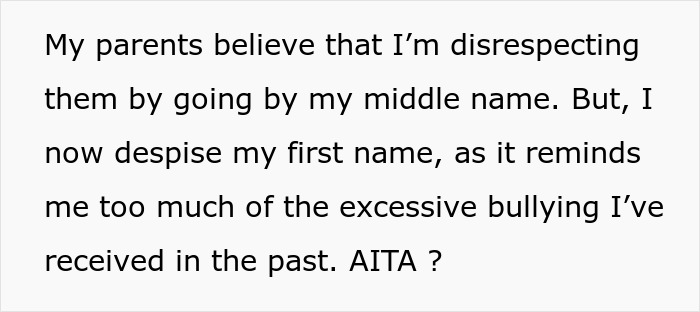 Text about disliking a first name due to past bullying, choosing to use a middle name instead. Text about disliking a first name due to past bullying, choosing to use a middle name instead.