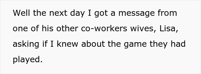 Text message discussing coworkers' game, causing wife's concern. Text message discussing coworkers' game, causing wife's concern.