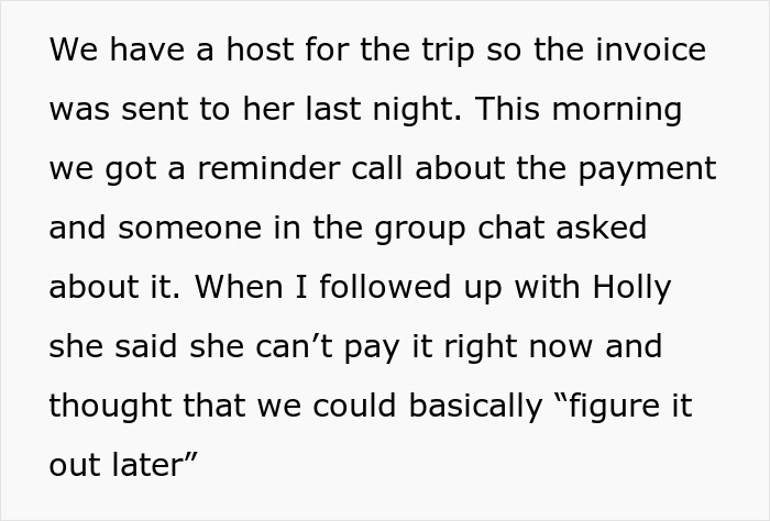 Text message discussing a group vacation payment issue, where a friend cannot pay her portion last minute. Text message discussing a group vacation payment issue, where a friend cannot pay her portion last minute.