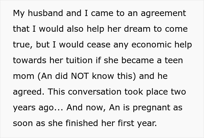 Text about an agreement to stop college funding if a teen becomes a young mom. Text about an agreement to stop college funding if a teen becomes a young mom.