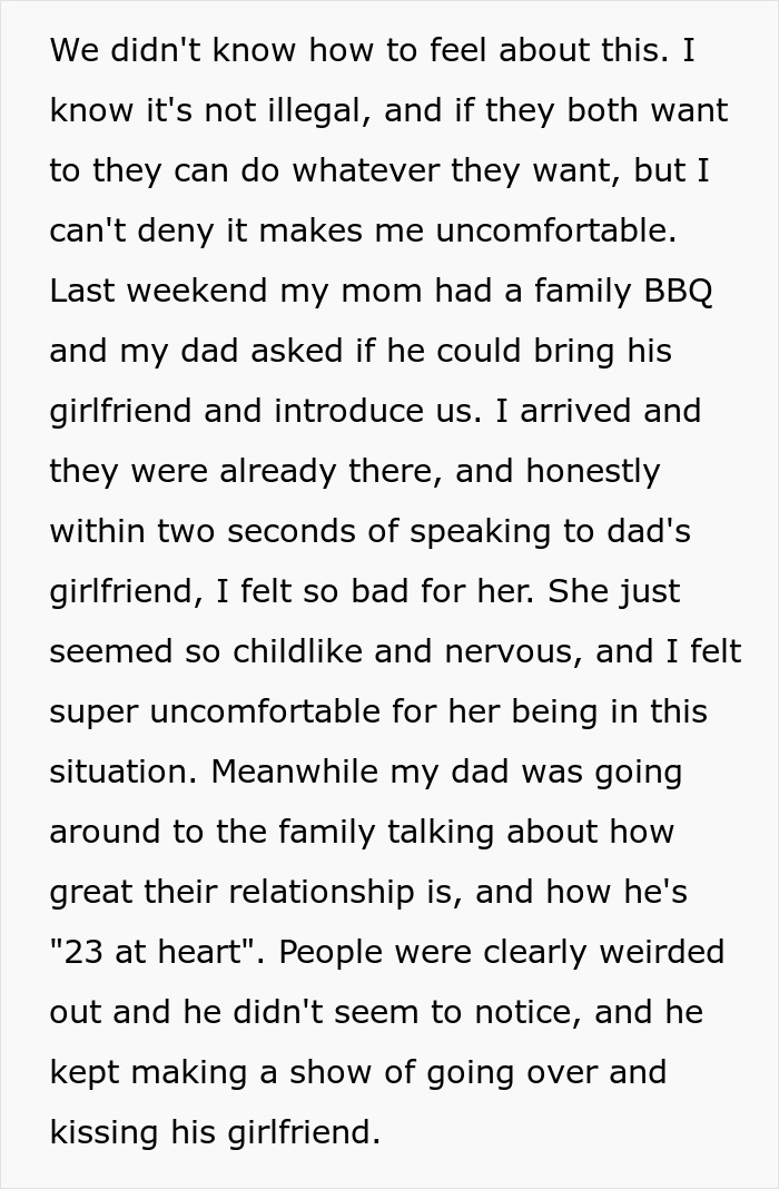 Text discussing discomfort of 24-year-old with dad's 23-year-old girlfriend at a family BBQ. Text discussing discomfort of 24-year-old with dad's 23-year-old girlfriend at a family BBQ.
