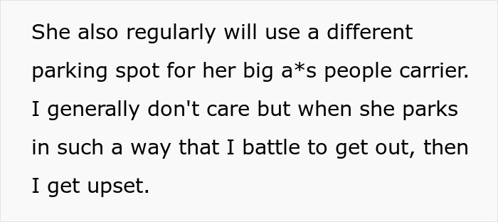 Text discussing HOA chair’s wife's parking habits and neighbor’s frustration. Text discussing HOA chair’s wife's parking habits and neighbor’s frustration.