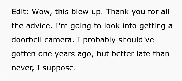 Text post about getting a doorbell camera as advice for package issues in the neighborhood. Text post about getting a doorbell camera as advice for package issues in the neighborhood.