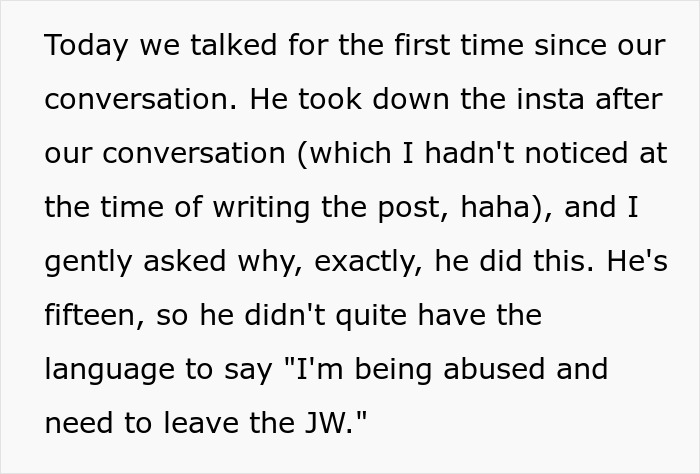 Text discusses deleting Instagram, conversation on leaving JW, and issues faced. Text discusses deleting Instagram, conversation on leaving JW, and issues faced.