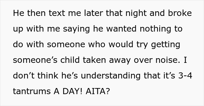 Text message about a breakup over calling CPS on a mom due to toddler tantrums. Text message about a breakup over calling CPS on a mom due to toddler tantrums.