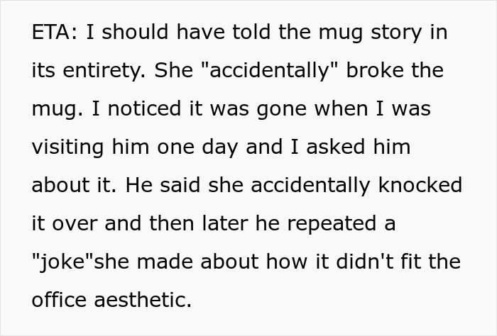 Text message about a workplace incident involving a broken mug and an office aesthetic "joke" from a work wife. Text message about a workplace incident involving a broken mug and an office aesthetic "joke" from a work wife.