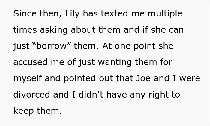 Text conversation about jewelry demand involving boyfriend's stepdaughter and mother's refusal. Text conversation about jewelry demand involving boyfriend's stepdaughter and mother's refusal.