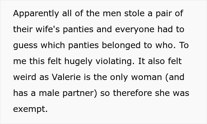 Text describing a coworkers' game involving wives' belongings, leaving the wife uncomfortable and unable to face her husband. Text describing a coworkers' game involving wives' belongings, leaving the wife uncomfortable and unable to face her husband.