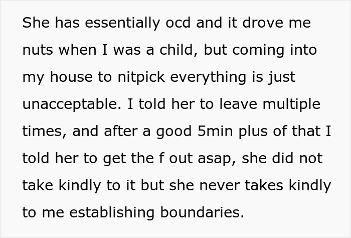 Text discussing a mom's unannounced visits and boundary issues in her daughter's home. Text discussing a mom's unannounced visits and boundary issues in her daughter's home.