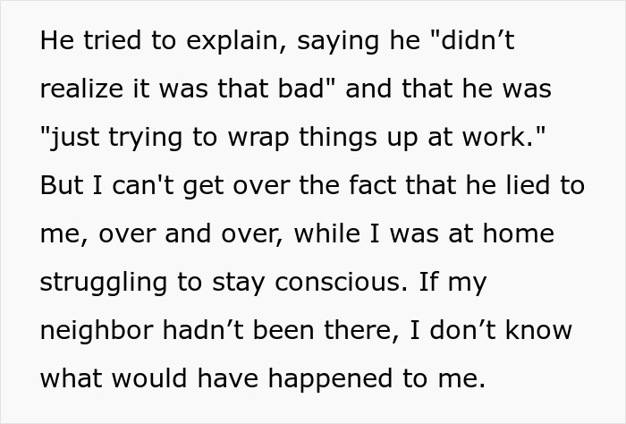 Text describing a husband's explanation after ignoring wife's critical SOS call, impacting their marriage. Text describing a husband's explanation after ignoring wife's critical SOS call, impacting their marriage.