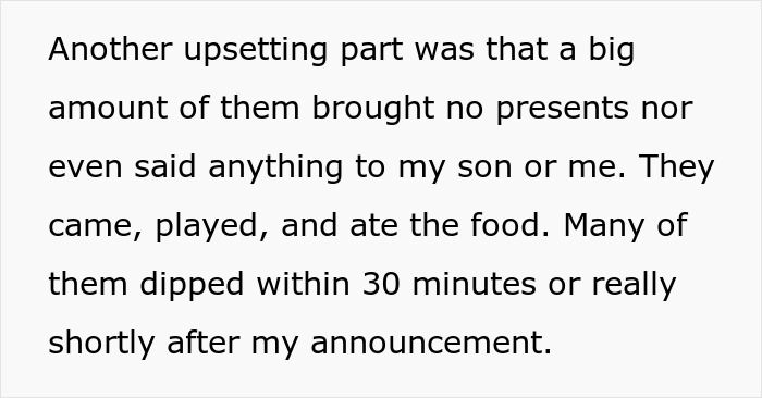 Text about guests attending a child's party without RSVPs or presents, then leaving quickly. Text about guests attending a child's party without RSVPs or presents, then leaving quickly.