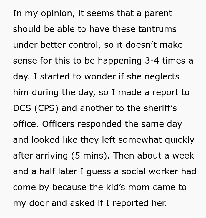 Text discussing a report made to CPS on a mother due to her toddler's frequent tantrums. Text discussing a report made to CPS on a mother due to her toddler's frequent tantrums.