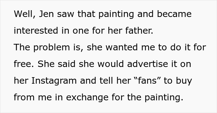 Text exchange about an influencer demanding a free painting in exchange for Instagram promotion. Text exchange about an influencer demanding a free painting in exchange for Instagram promotion.