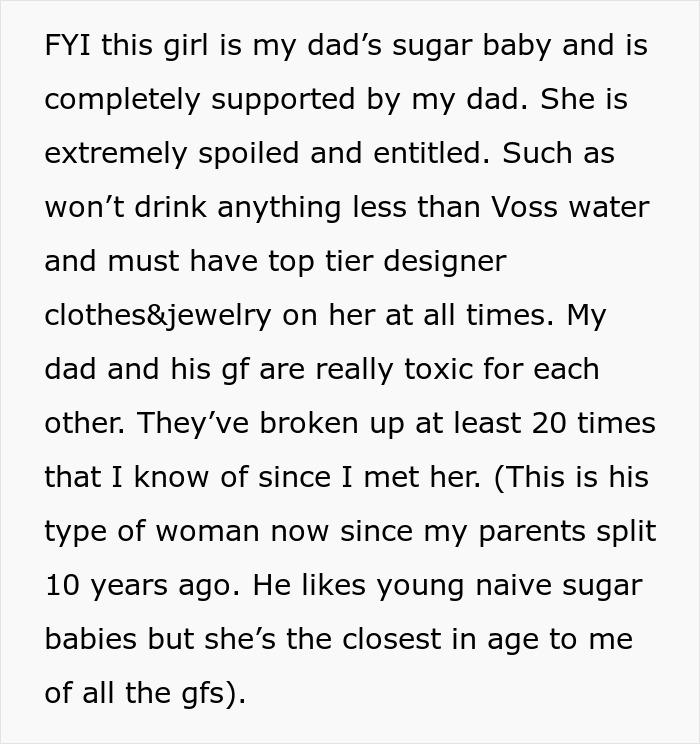Text discussing a woman's feelings about her dad's young girlfriend, highlighting entitlement and relationship dynamics. Text discussing a woman's feelings about her dad's young girlfriend, highlighting entitlement and relationship dynamics.